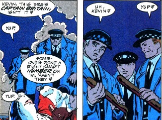 Captain Britain and Policemen with sausages